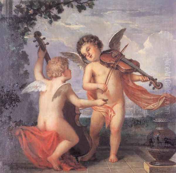 Putti Playing Music sketch c. 1884 Oil Painting by Mihaly Kovacs