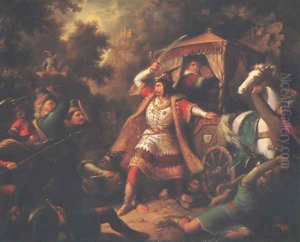 Palatine Gara Defends Queens Mary and Elisabeth c. 1855 Oil Painting by Mihaly Kovacs