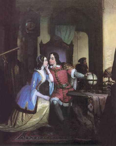 King Matthias and the Daughter of the Mayor of Breslau 1842 Oil Painting by Mihaly Kovacs