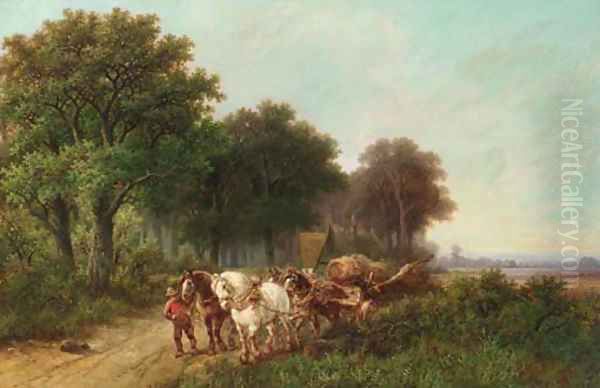 A woodlogger leading a four-in-hand Oil Painting by Hendrik Pieter Koekkoek