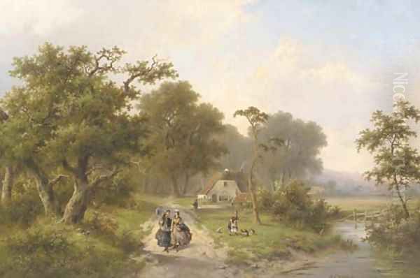 Elegant ladies strolling in the country Oil Painting by Hendrik Pieter Koekkoek