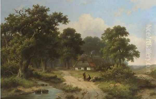 Peasants resting by a stream at the edge of a forest Oil Painting by Hendrik Pieter Koekkoek