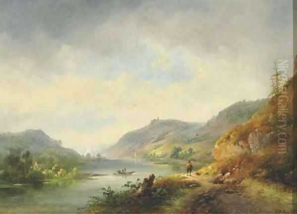 A river winding through hills, a town in the distance Oil Painting by Hendrik Pieter Koekkoek