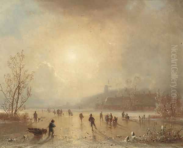 Skaters on a lake at dusk Oil Painting by Hendrik Pieter Koekkoek