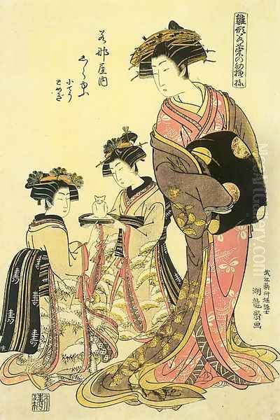 Hinagata Wakana no Hatsumoyo- Shirayu 1780-81 Oil Painting by Isoda Koryusai