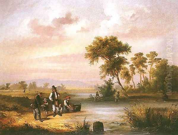 Fishing Oil Painting by Franciszek Kostrzewski