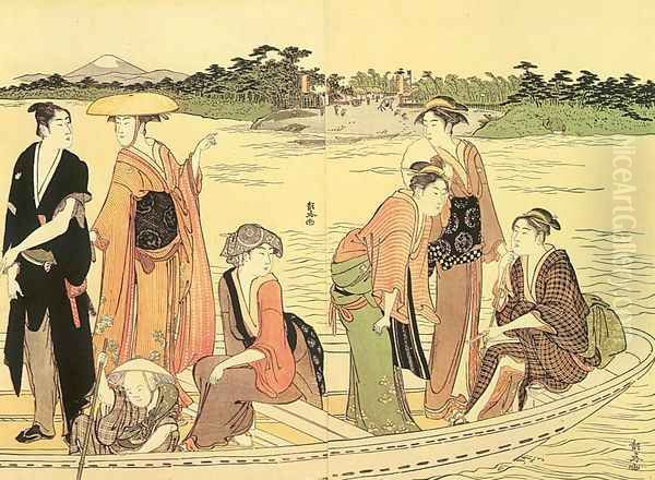 Ferry Across the Rokugo River (central and right-hand sheets of a triptych) 1754 Oil Painting by Torii Kiyonaga