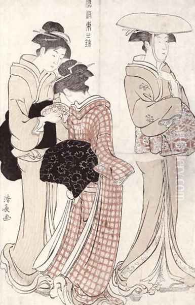 Young woman wearing a wide straw hat followed by a servant and a companion carrying a furoshiki from the series Fuzoku Azuma no nishiki Oil Painting by Torii Kiyonaga