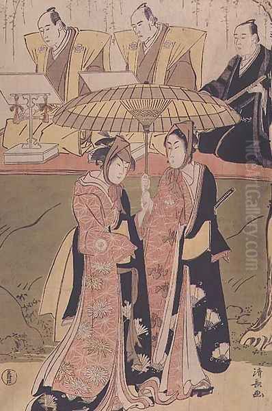 Kabuki scene with part of the chorus two young lovers leave the stage by the flower route Oil Painting by Torii Kiyonaga