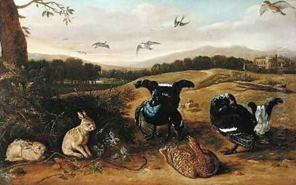 Black game rabbits and swallows in a park Oil Painting by Leonard Knyff