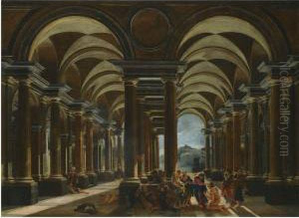 An Architectural Capriccio With Christ Curing A Leper Oil Painting by Viviano Codazzi