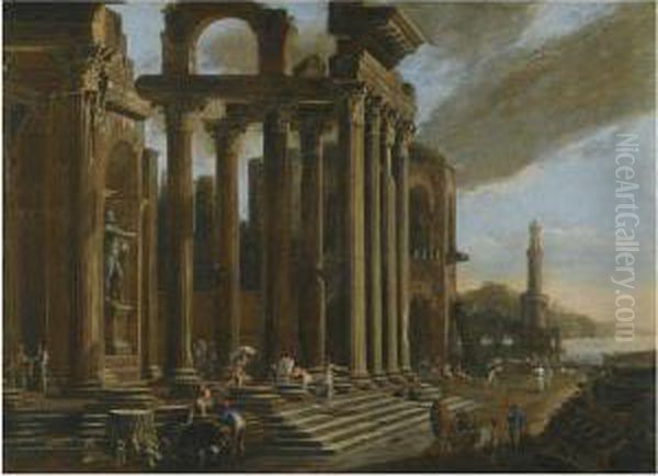 An Architectural Capriccio With Figures Amongst Classical Ruins Oil Painting by Viviano Codazzi