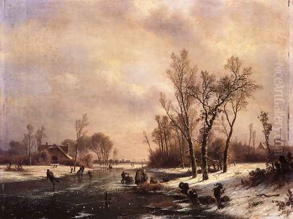 A Winter Landscape with Skaters on a Frozen River Oil Painting by Pieter Lodewijk Francisco Kluyver