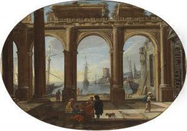 A Capriccio With Figures Beneath
 A Doric Colonnade, A Bay And Thetorre Di San Vincenzo, Naples Beyond Oil Painting by Viviano Codazzi