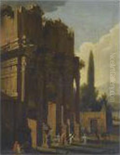 A Capriccio Landscape With Classical Ruins And Figures In Theforeground Oil Painting by Viviano Codazzi