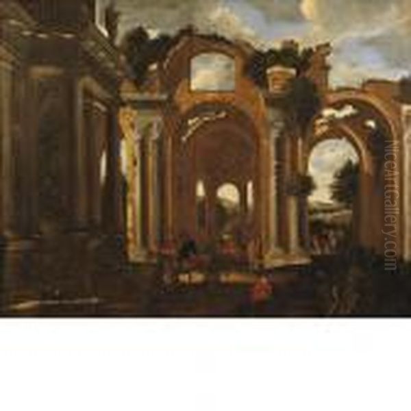 Capriccio Architettonico Con La 
Basilica Di Costantino, Viandantialla Fonte E Altre Figure Oil Painting by Viviano Codazzi