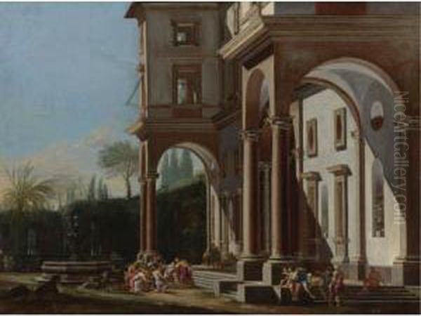 A Palace With Pavilions And A Fountain, With Joseph Revealing Himself To His Brothers Oil Painting by Viviano Codazzi