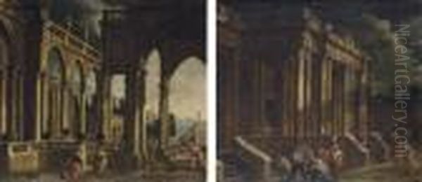 A Capriccio Of Classical Ruins 
With The Supper On The Road To Emmaus; And A Capriccio Of Classical 
Ruins With Christ Taking Leave Of His Mother Oil Painting by Viviano Codazzi