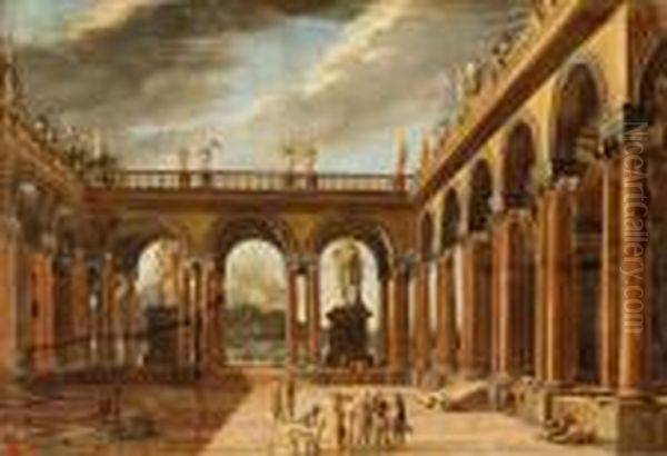 Capriccio Architettonico Con Colonnato E Figure E Vesuvio In Eruzione Sullo Sfondo Oil Painting by Viviano Codazzi