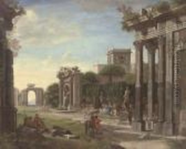 An Arhitectural Capriccio Of Classical Ruins With Elegant Company Oil Painting by Viviano Codazzi