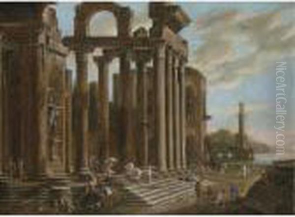 An Architectural Capriccio With Figures Amongst Classical Ruins, A Lighthouse Beyond Oil Painting by Viviano Codazzi