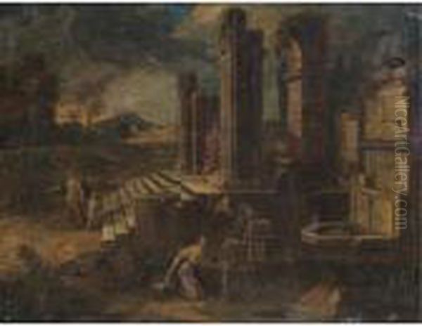 A Capriccio Scene With Figures Amongst Classical Ruins Oil Painting by Viviano Codazzi