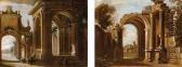 A Architectural Capriccio With Figures By A Fountain Oil Painting by Viviano Codazzi