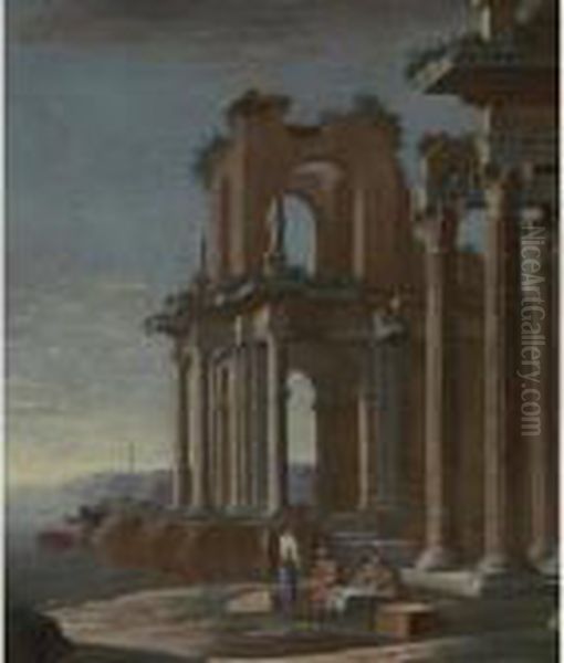 Capriccio With Figures By A Ruined Pavilion On A Shore Oil Painting by Viviano Codazzi