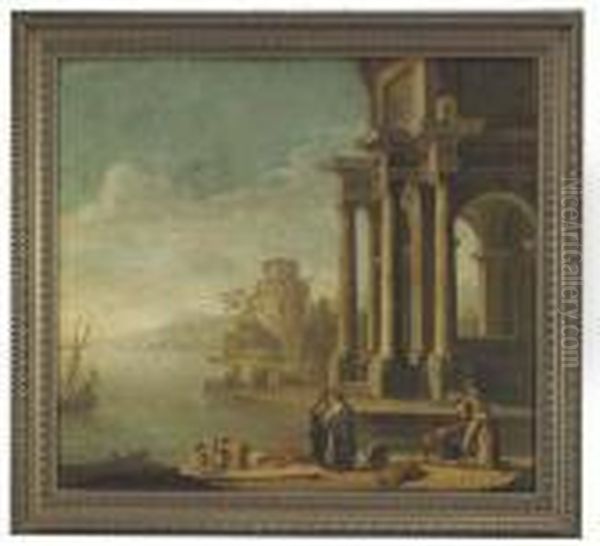 A Capriccio Of A Mediterranean Harbour With Figures Amongst Classical Ruins Oil Painting by Viviano Codazzi