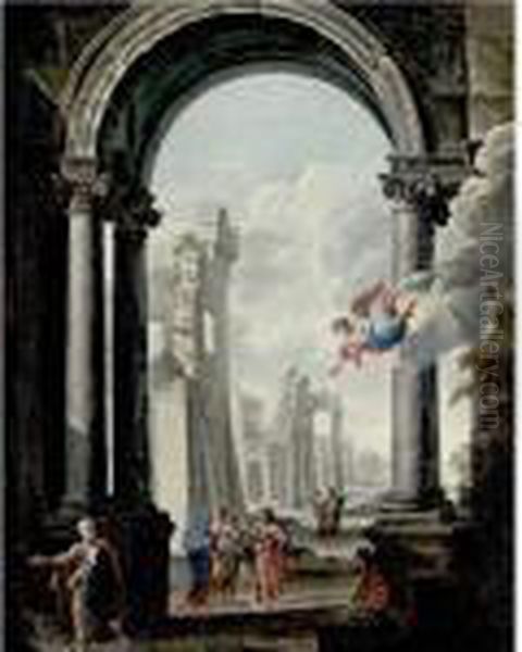 Architectural Capriccio With The Holy Family And Other Figures Oil Painting by Viviano Codazzi