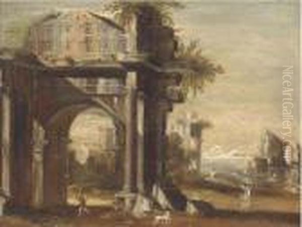 A Capriccio Of Classical Ruins By A Shore, With Figures In Theforeground Oil Painting by Viviano Codazzi