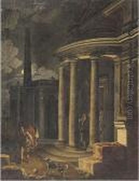 A Capriccio Of Classical Buildings By Moonlight Oil Painting by Viviano Codazzi