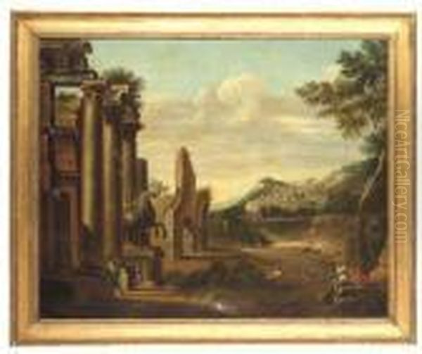 A Capriccio Of Classical Ruins With Figures On A Road, A Landscapewith A Town Beyond Oil Painting by Viviano Codazzi