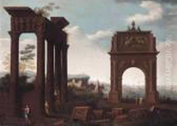 An Architectural Capriccio With Figures Amongst Ruins, A Mediterranean Port Beyond Oil Painting by Viviano Codazzi