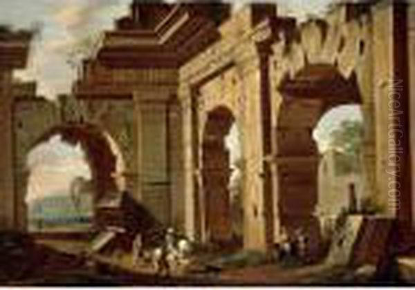 An Architectural Capriccio, With A Huntsman And Riders Among Ruined Arches Oil Painting by Viviano Codazzi