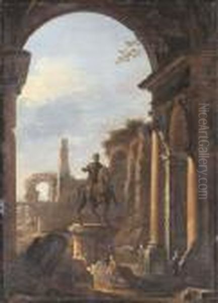 A Capriccio Of Roman Ruins With 
Peasants Amongst Ruins By The Equestrian Statue Of Marcus Aurelius Oil Painting by Viviano Codazzi