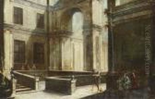 Elegant Figures In An Architectural Courtyard Oil Painting by Viviano Codazzi