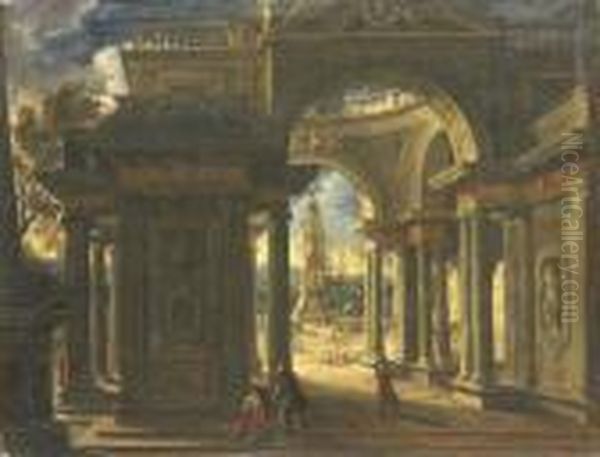 An Architectural Capriccio Of The Loggia Of A Baroque Palace Oil Painting by Viviano Codazzi