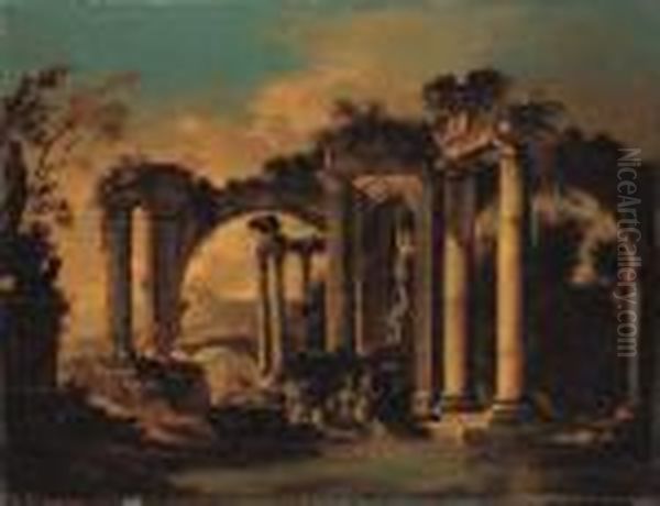 Capricci Of Lakeside Classical Ruins With Peasants Oil Painting by Viviano Codazzi