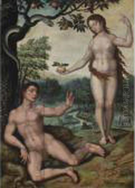 Adam And Eve In The Garden Of Eden Oil Painting by Pieter Coecke Van Aelst