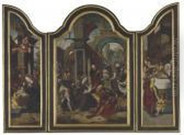 A Triptych: Central Panel: The Adoration Of The Magi Oil Painting by Pieter Coecke Van Aelst