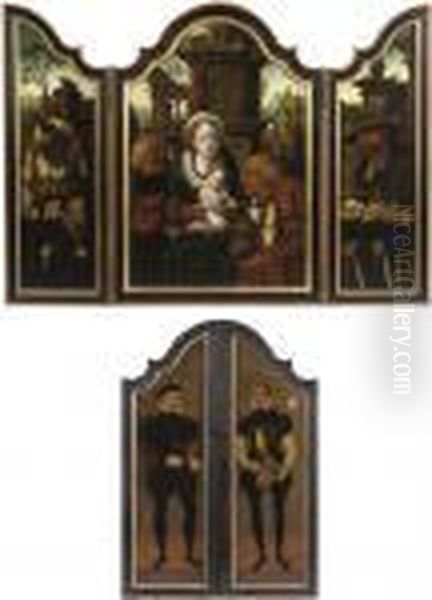 A Triptych: The Adoration Of The Magi With Donors And Two Male Donors On The Outer Wings Oil Painting by Pieter Coecke Van Aelst