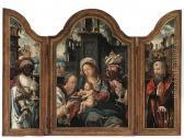 The Adoration Of The Magi: A Triptych Oil Painting by Pieter Coecke Van Aelst