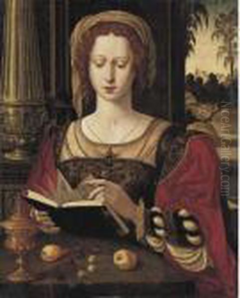 Mary Magdalene Reading, Seated In An Interior, Before An Open Window Oil Painting by Pieter Coecke Van Aelst