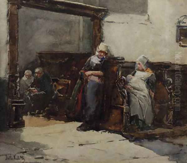 Figures in a church interior Oil Painting by Johan Mari Ten Kate