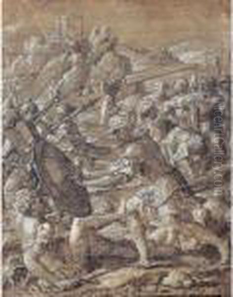 Roman Battle Scene Oil Painting by Pieter Coecke Van Aelst