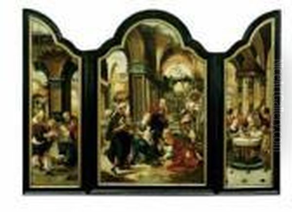 Triptychon. Mitteltafel: Die 
Anbetung Der Heiligen Drei Konige. Linker Flugel: Maria Und Joseph Sowie
 Ein Hirte Das Kind Anbetend. Rechter Flugel: Die Die Darbringung Im 
Tempel. Oil Painting by Pieter Coecke Van Aelst