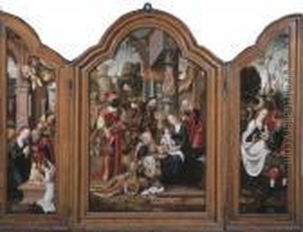 A Triptych: Central Panel: The 
Adoration Of The Magi; Left Wing:the Nativity; Right Wing: The Flight 
Into Egypt Oil Painting by Pieter Coecke Van Aelst