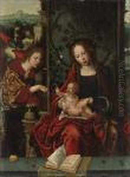 The Virgin And Child Enthroned, With The Angel Gabriel Proffering A Lily: A Fragment Oil Painting by Pieter Coecke Van Aelst