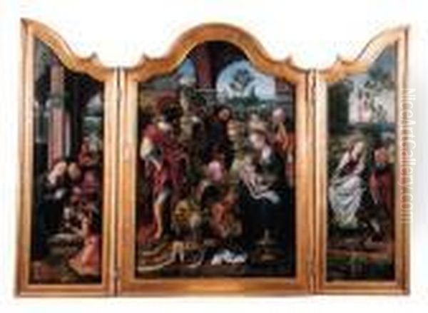 A Triptych: The Adoration Of The
 Magi In The Central Compartment,the Nativity And The Flight Into Egypt 
On The Wings Oil Painting by Pieter Coecke Van Aelst